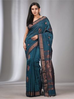 CHARUKRITI - Teal Silk Matka Handwoven Saree with Stripes Zari Border with Unstitched Blouse
