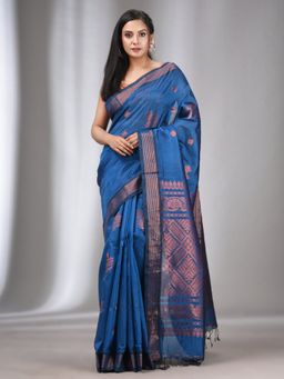 CHARUKRITI - Teal Blue Silk Matka Handwoven Saree with Stripes Zari Border with Unstitched Blouse