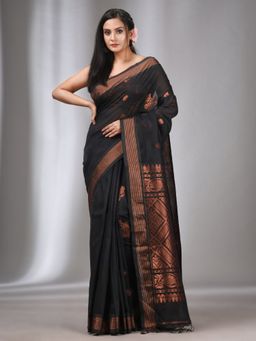 CHARUKRITI - Black Silk Matka Handwoven Saree with Stripes Zari Border with Unstitched Blouse