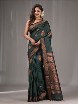 CHARUKRITI - Dark Green Silk Matka Handwoven Saree with Stripes Zari Border with Unstitched Blouse