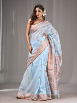 CHARUKRITI - Baby Blue Silk Matka Handwoven Saree with Texture Border with Unstitched Blouse