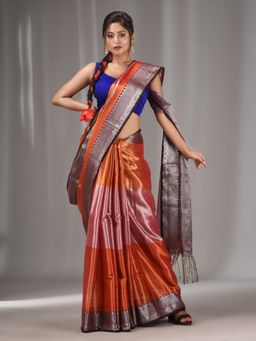 CHARUKRITI - Copper & Pink Tissue Handwoven Saree with Zari Border with Unstitched Blouse