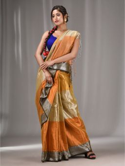 CHARUKRITI - Copper & Yellow Tissue Handwoven Saree with Zari Border with Unstitched Blouse
