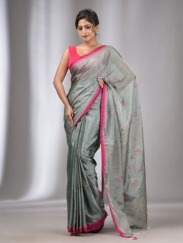 CHARUKRITI - Grey Handspun Handwoven Soft Saree with Stripes Pallu with Unstitched Blouse