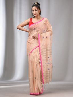 CHARUKRITI - Cream Handspun Handwoven Soft Saree with Stripes Pallu with Unstitched Blouse