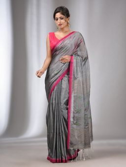 CHARUKRITI - Grey Handspun Handwoven Soft Saree with Stripes Pallu with Unstitched Blouse