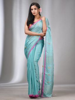 CHARUKRITI - Sea Green Handspun Handwoven Soft Saree with Stripes Pallu with Unstitched Blouse