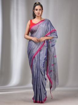 CHARUKRITI - Blue Handspun Handwoven Soft Saree with Stripes Pallu with Unstitched Blouse
