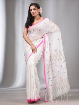 CHARUKRITI - White Handspun Handwoven Soft Saree with Stripes Pallu with Unstitched Blouse