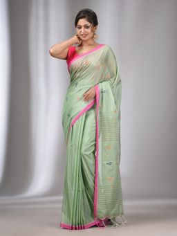 CHARUKRITI - Green Handspun Handwoven Soft Saree with Stripes Pallu with Unstitched Blouse