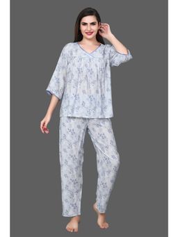 Velure - Blue Leaves Print Frock-Style Night Suit (Set of 2)