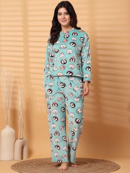 Secret Wish - Light Green Printed Fur Woolen Night Suit (Set of 2)