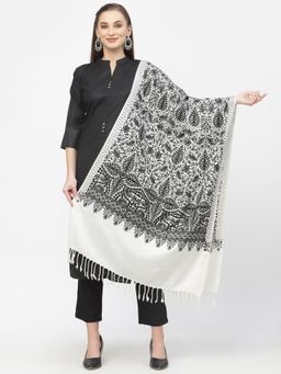 Anekaant - Crewel White and Black Floral Embroidered Polywool Stole