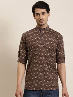 SOJANYA - Men Cotton Brown Printed Short Kurta
