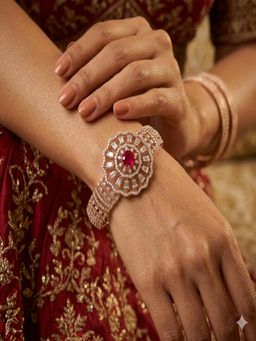 KIORAH - Women 925 Sterling Silver Baguette Studded Pink Floral Bracelet