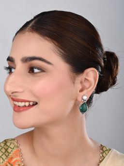 Anvik - Women Emerald Green Stone and Pearl Teardrop Earrings