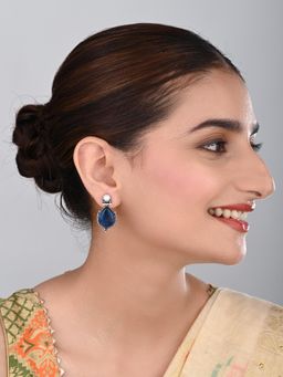 Anvik - Women Navy Blue Stone and Pearl Teardrop Earrings