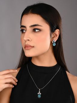 Anvik - Women Silver Oxidised Delicate Ad Blue Stone Necklace Set