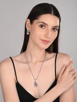 Anvik - Women Silver Oxidised Delicate Ad Pink Stone Necklace Set