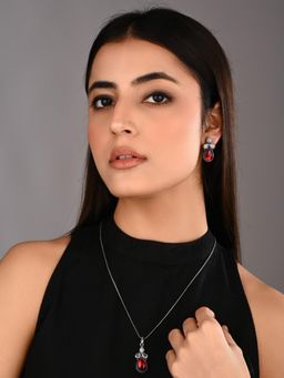 Anvik - Women Silver Oxidised Delicate Ad Red Stone Necklace Set