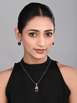 Anvik - Women Silver Oxidised Finish Pearl and Maroon Stone Necklace Set