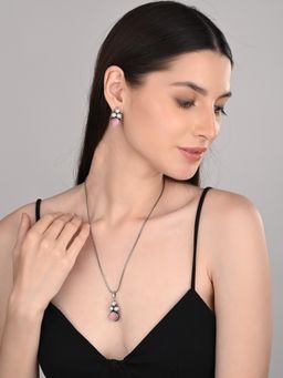 Anvik - Women Silver Oxidised Finish Pearl and Pink Stone Necklace Set
