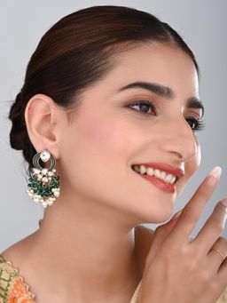 Anvik - Women Gold-Plated Green Kundan and Pearl Cluster Drop Earrings