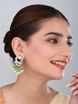 Anvik - Women Gold-Plated Mint Green Kundan and Pearl Cluster Drop Earrings