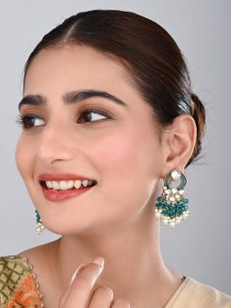 Anvik - Women Gold-Plated Teal Kundan and Pearl Cluster Drop Earrings