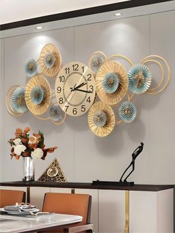 The Art House - CL295 90 x 38cm Gold and Blue Round Metal Wall Clock
