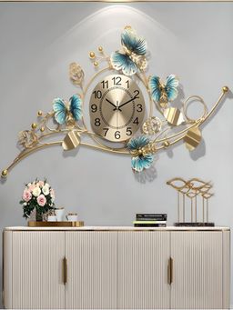 The Art House - CL308 91.5 x 53.3cm Gold and Blue Flower Metal Wall Clock