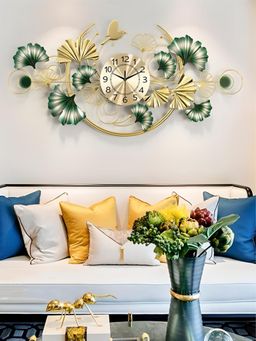 The Art House - CL310 100 x 50cm Green and Gold Flower Metal Wall Clock