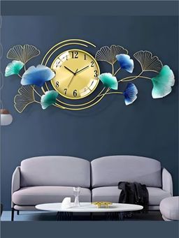 The Art House - CL313 103 x 43.5cm Gold, Blue and Green Flower Metal Wall Clock