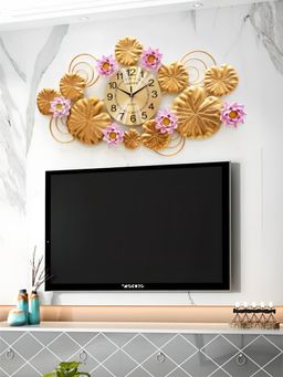 The Art House - CL345 88 x 50cm Gold and Pink Round Metal Wall Clock