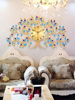 The Art House - CL356 81 x 43cm Gold and Blue Round Metal Wall Clock