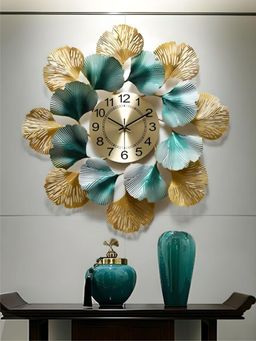 The Art House - CL70 60.96 x 60.96 cm Blue and Gold Flower Metal Wall Clock