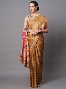 Odette - Mustard Festive Dole Silk Printed Saree with Unstitched Blouse