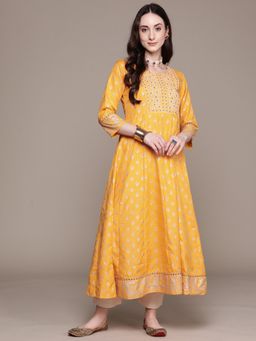Anubhutee - Women Mustard Yellow Embroidered Mirror Work A-Line Kurta