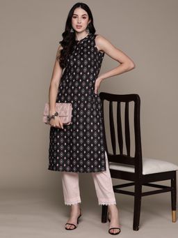 Anubhutee - Women Cotton Abstract Black Straight Kurta