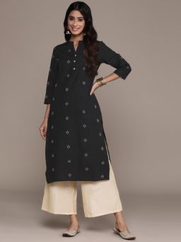 Anubhutee - Women Cotton Woven Design Black Straight Kurta