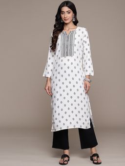 Anubhutee - Women Viscose Rayon Ethnic Motifs Printed Off White Straight Kurta
