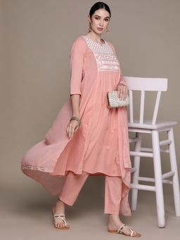 Anubhutee - Women Pure Cotton Embroidered Pink Flared Kurta Suit, Pant & Dupatta (Set of 3)