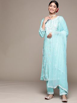 Anubhutee - Women Blue Floral Embroidered Kurta, Pants & Dupatta (Set of 3)