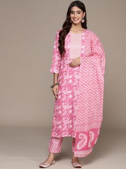 Anubhutee - Women Pure Cotton Ethnic Motifs Printed Pink Kurta Suit, Pant & Dupatta (Set of 3)