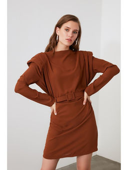 Trendyol - Brown Belted Shoulder Detail Dress