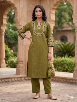 Gahan - Womens Floral Yoke Design Thread Work Straight Kurta with Pant