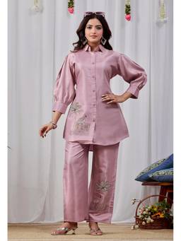 Gahan - Womens Dusty Rose Shimmer Satin Embroidered Kurti with Pant