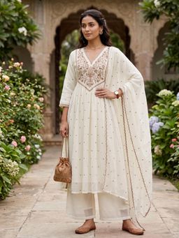 Gahan - Womens Cream Premium Georgette Embroidered Anarkali Kurta with Pant & Dupatta
