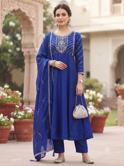 Gahan - Womens Royal Navy Blue Vichitra Silk Embroidered Anarkali Kurta with Pant & Dupatta