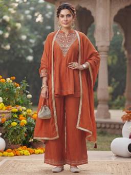 Gahan - Womens Vichita Silk Embroidered Kurti with Palazzo & Dupatta